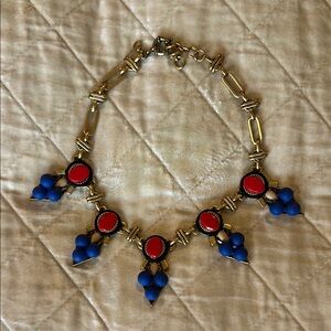 J. Crew Gold Necklace with Red and Blue Accents